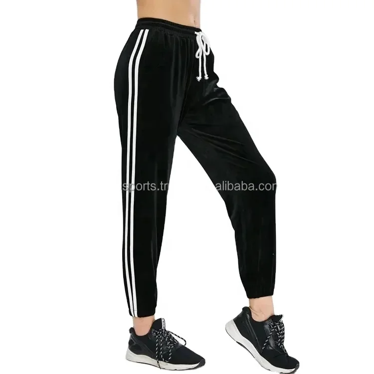 Ladies Sports Training Drop crotch Joggers tech velvet reflective black Sweatpants for women Drawstring Waist side stripe Pants