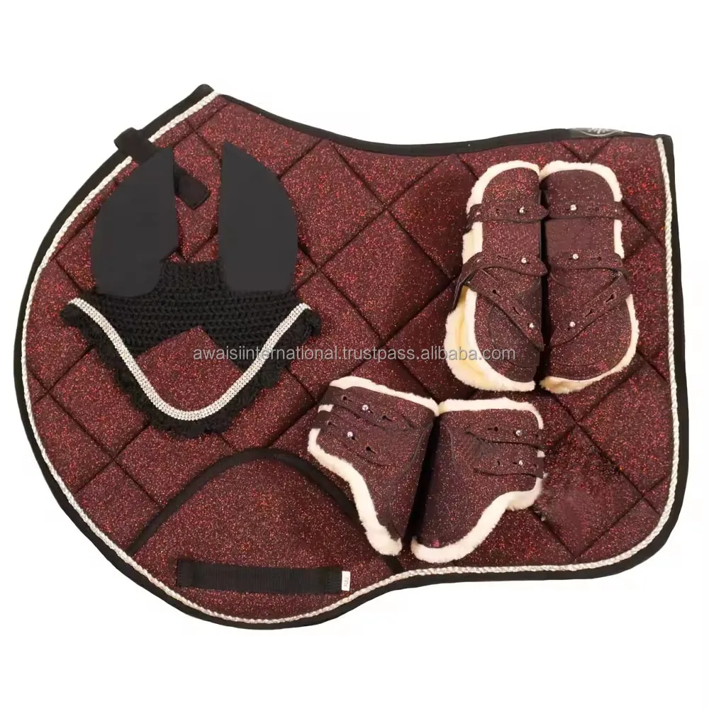 Wholesale Custom Horse English Cotton Saddle Pad With Matching Bell Boot Tendon Boot & Fly Veils Matching Set