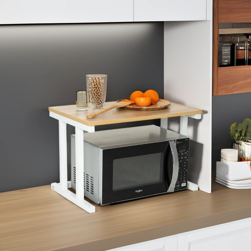Modern Two-Layer Wood and Iron Kitchen Counter Shelf Enhances Home Storage Efficiency with Organizer Rack for Food Storage