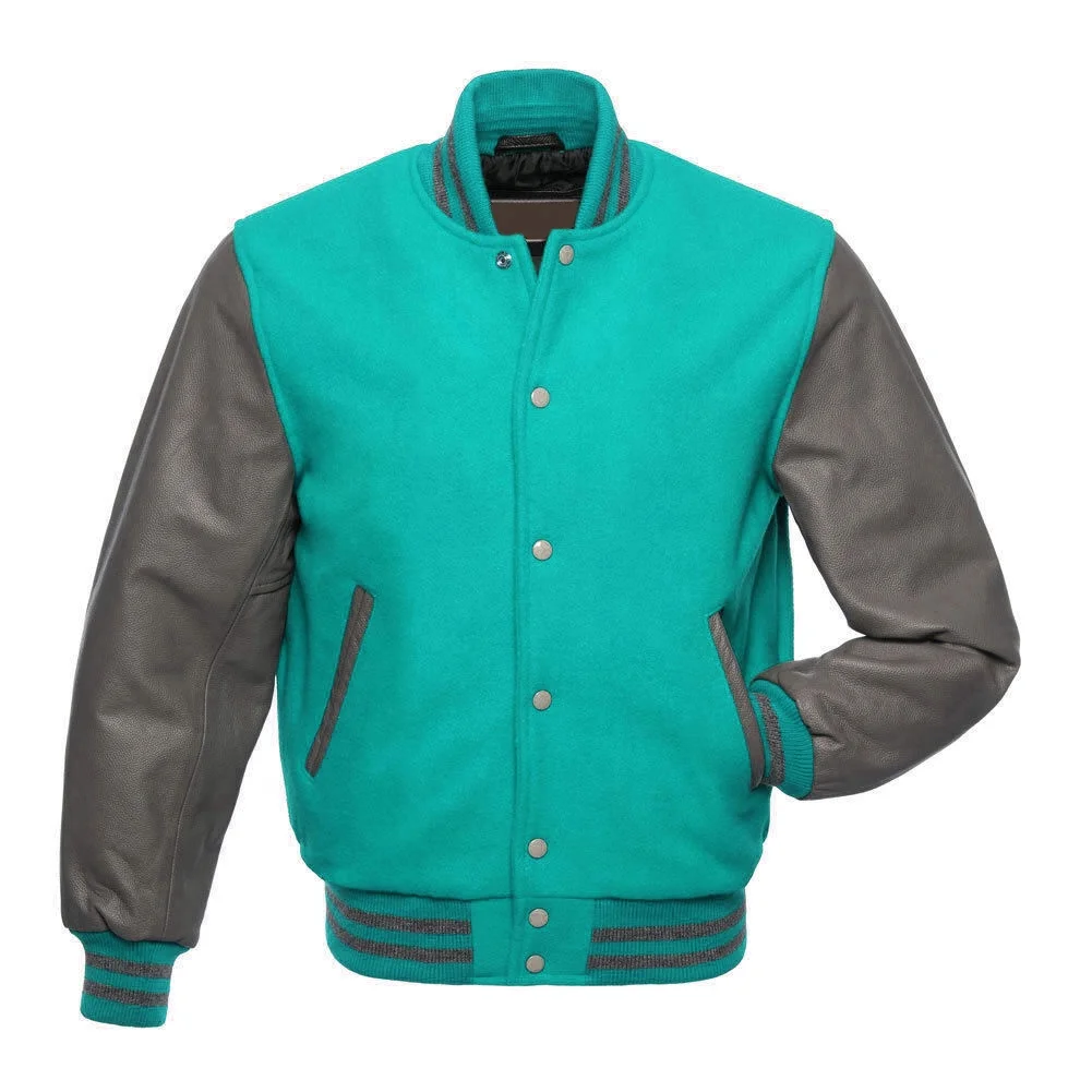 High Quality custom fabric of varsity jacket body wool arm leather custom rib button up close and pockets inside liner coating