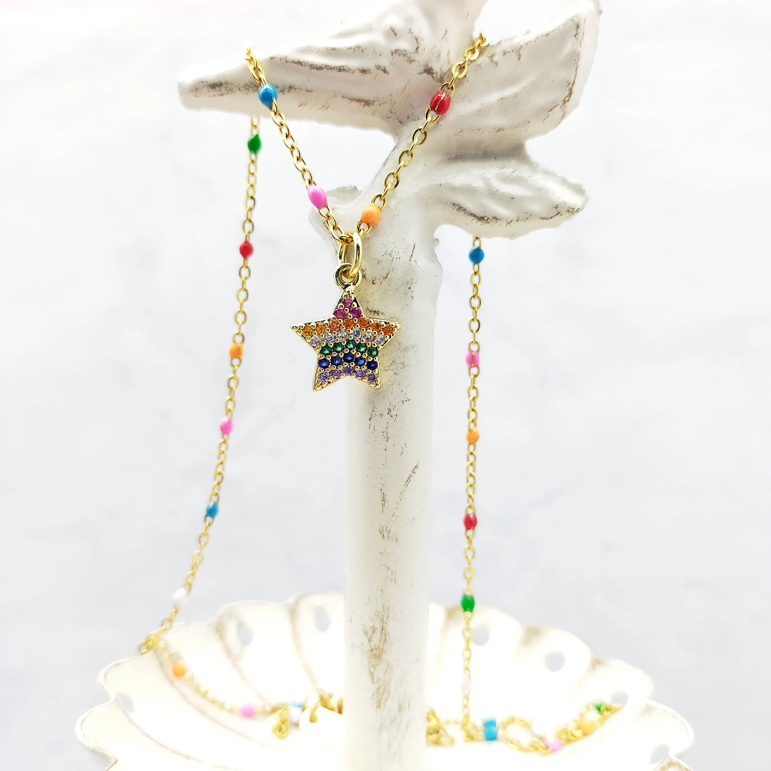 Twist enamel lacquered Zircon ring Gold plated stainless steel Zircon drip enamel pentagram necklace