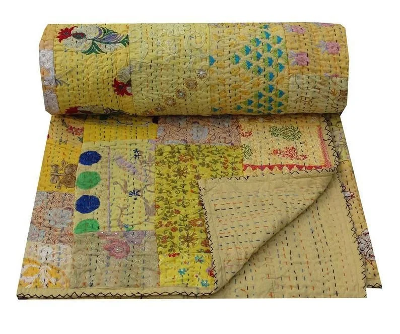 Винтажное вышитее вручную хлопковое лоскутное одеяло Kantha богемное постельное белье ручной работы покрывало