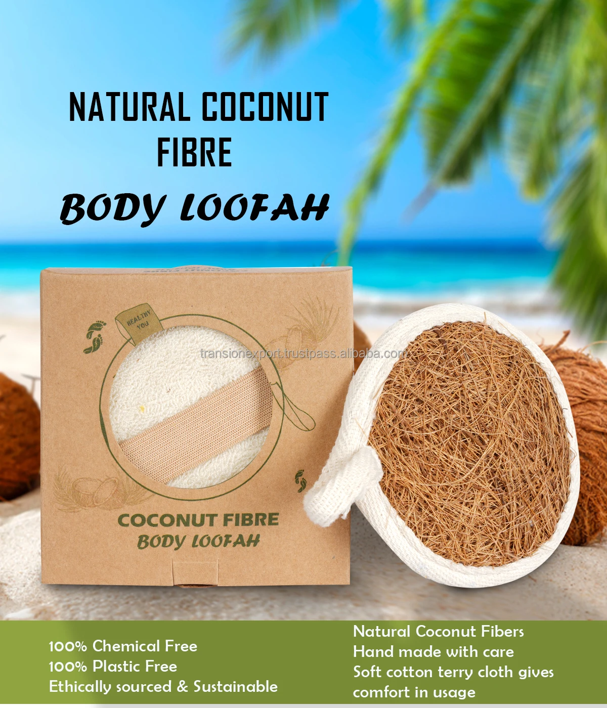 100% natural coconut bath sponge with soft terry back and elastic holder for shower and bath wholesale body bath brush