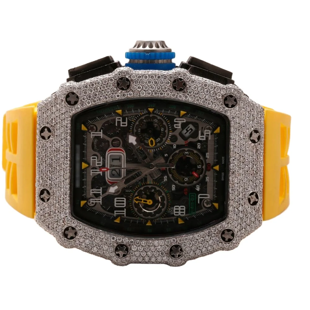 Iced Out Bling Tester Pass Big Dial Mechanical Belt Unisex Bezel Silver VS Chrono Custom Logo With Box Moissanite Diamond Watch