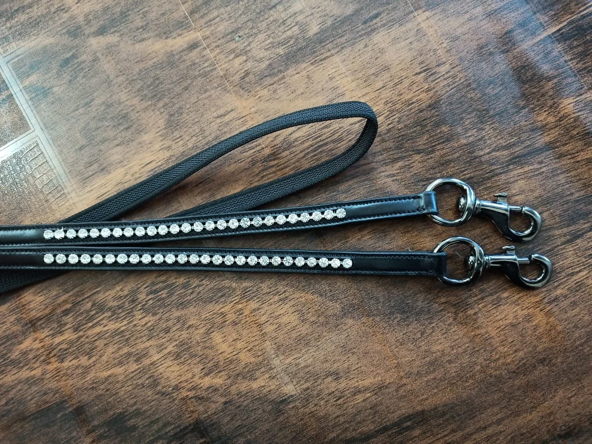Black Leather Reins White Crystal Brass buckle  Horse Equipment Equestrian Rub International
