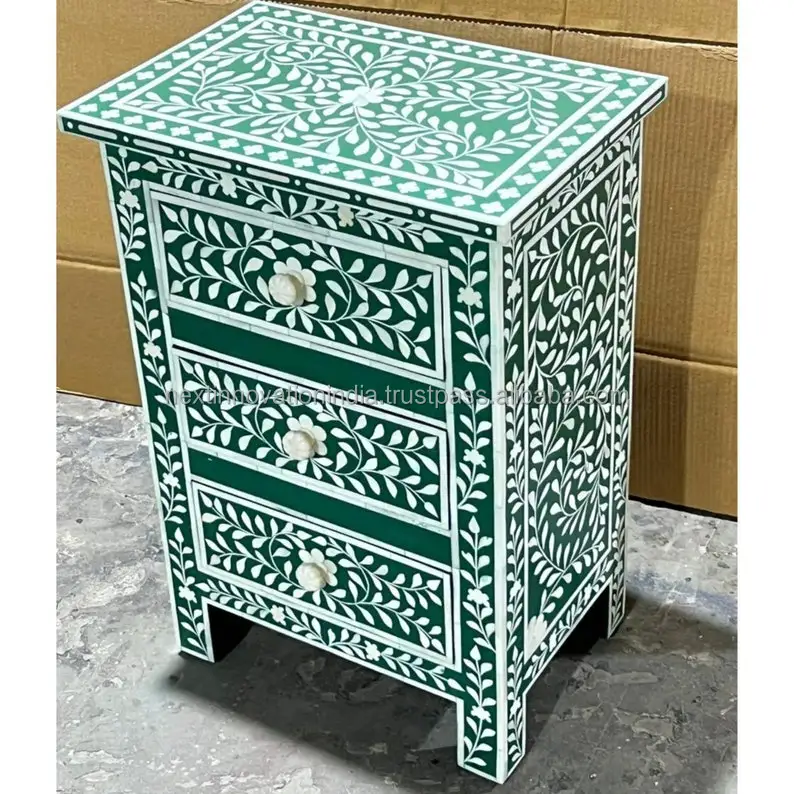 Floral Bone Inlay Handmade Round Wooden Table Convertible Side Stool for Modern Living Room or Bedroom