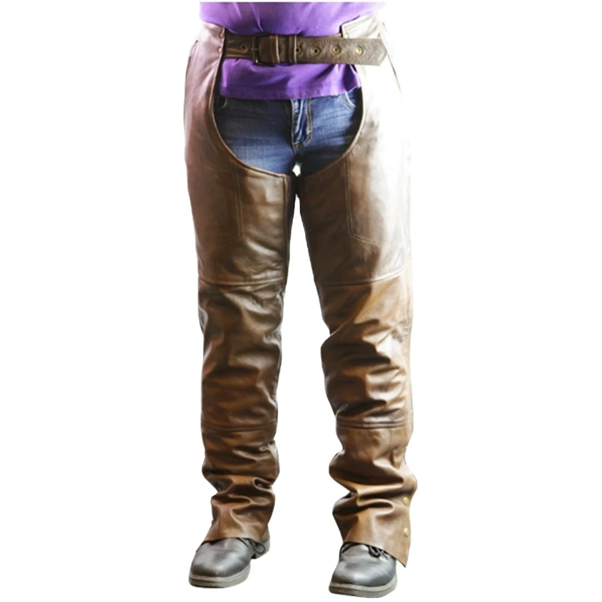 High Quality Genuine Leather Pants Four Pocket Premium Leather Chaps with Removable Liner in Retro Brown