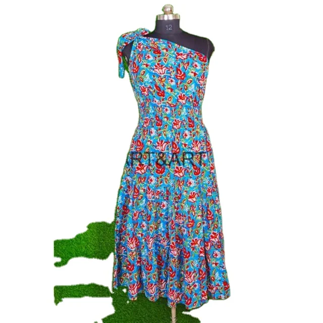 Handmade Floral Prints Cotton n dress One side Shoulder Designer cotton long dress smocking body dress for women cotton voile