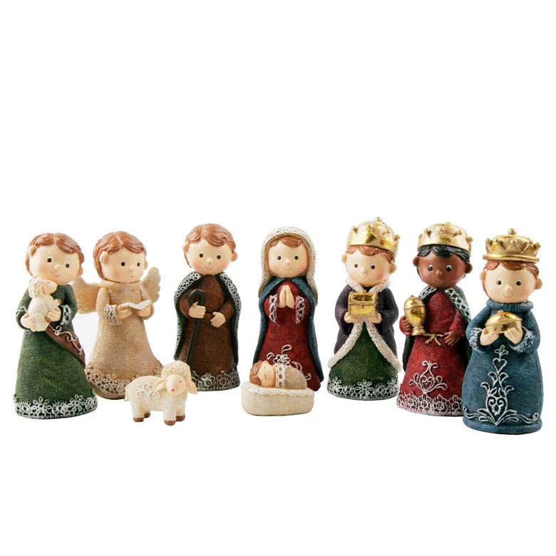 Custom Miniature Rustic Kids Christmas Nativity Scene Figurine set Small Decorative Religious Christian Figurines Jesus Manger