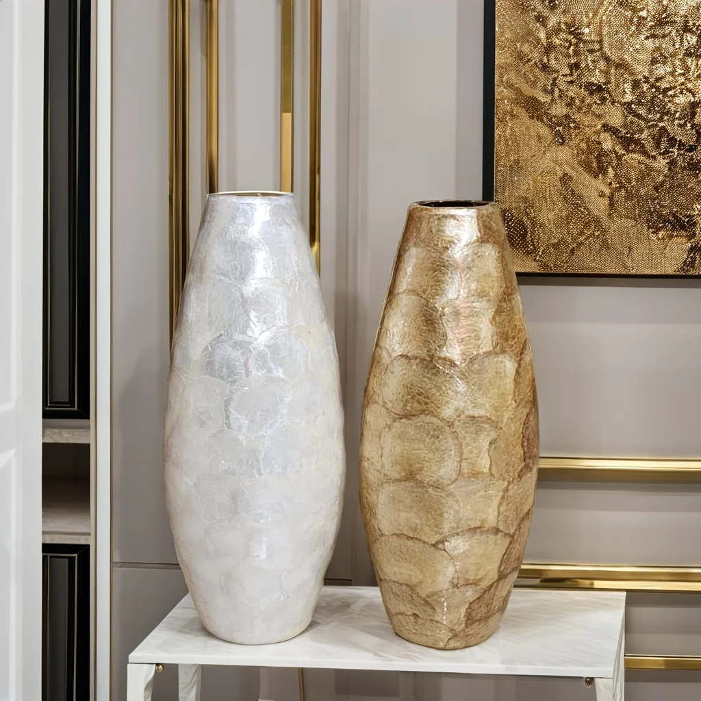 Trending Luxury Handicraft Capiz Shell Vase Unique Home Decor with Resin Material Floral Pattern and Flower Pot