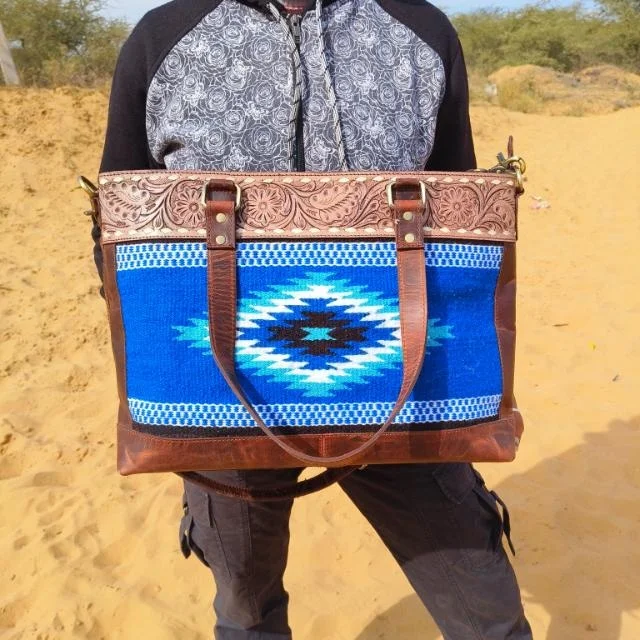 New Arrival Western Navajo Handmade Aztec Tooled Leather Fringe Tote Bags Hot Selling Women Shopping Bag Vintage Style Tote Bag