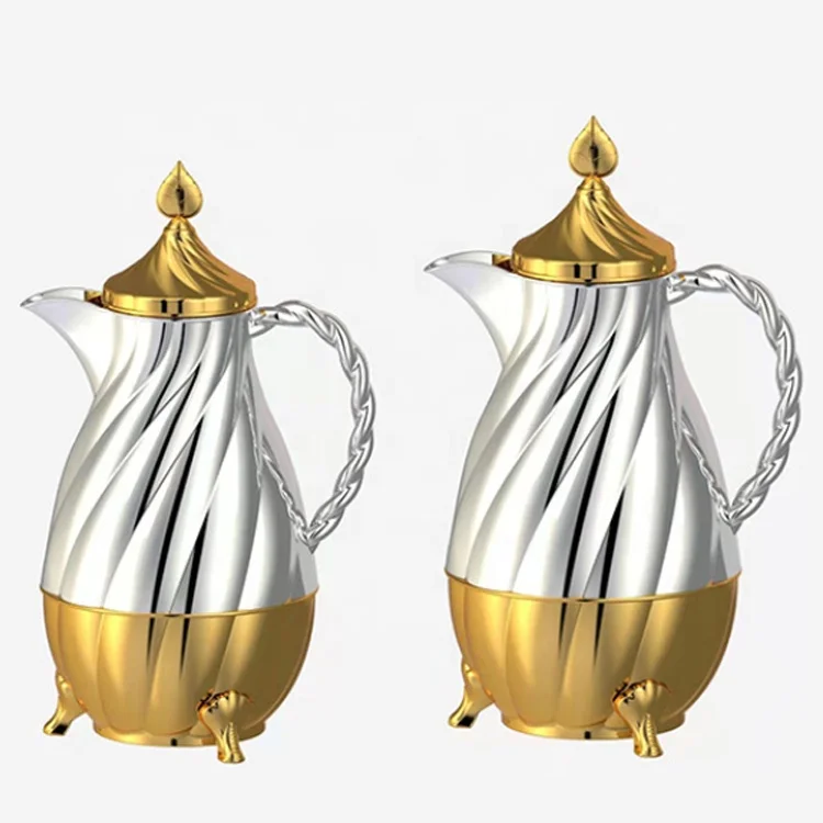 White and Gold Glass Liner Luxury Moroccan Style Vacuum Insulated Thermos Flask with Spout