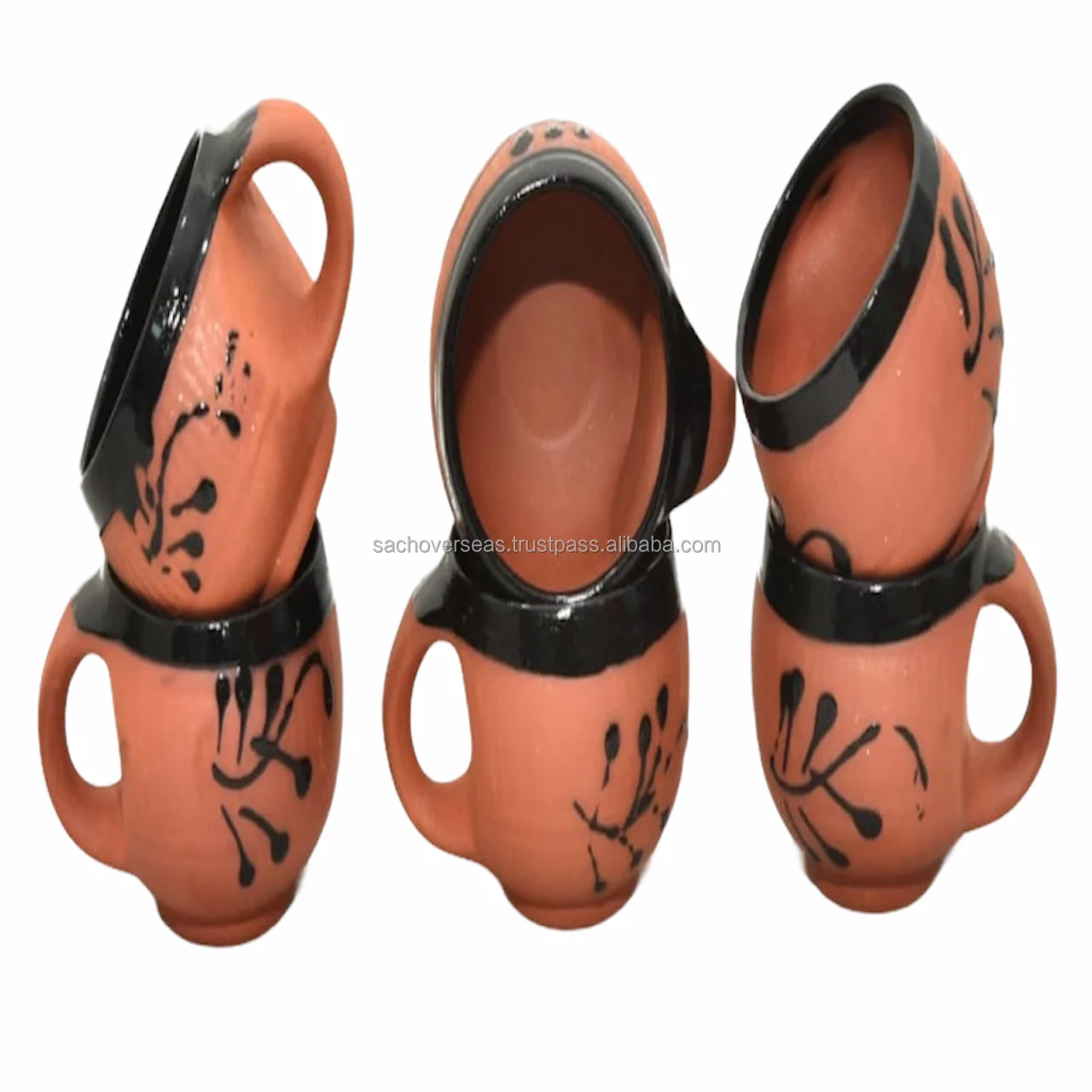 Handmade Organic Glazed Natural Clay Mud Tea Coffee Cup with Black Colour Painting Design for Sale, Set of 6 Pieces