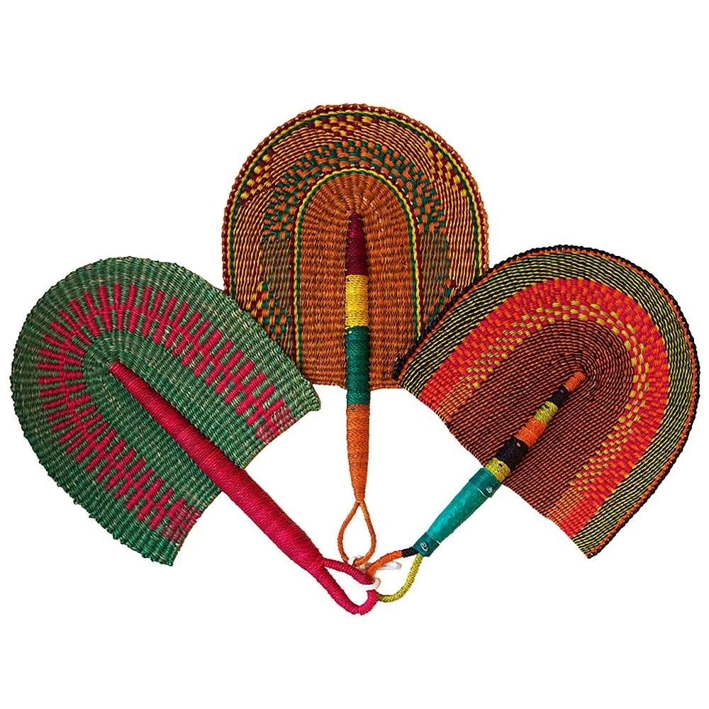Fan gift set African Hand Fan with Leather Handle Sold Assorted Woven Seagrass Grass Fan Small multi Functional colorful