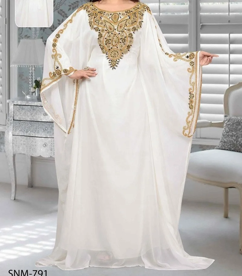 Super Trendy White Caftan Long Gold Beaded Dress Kaftan Maxi Dress Dubai Traditional Muslim Clothing Accessories Wedding Evening