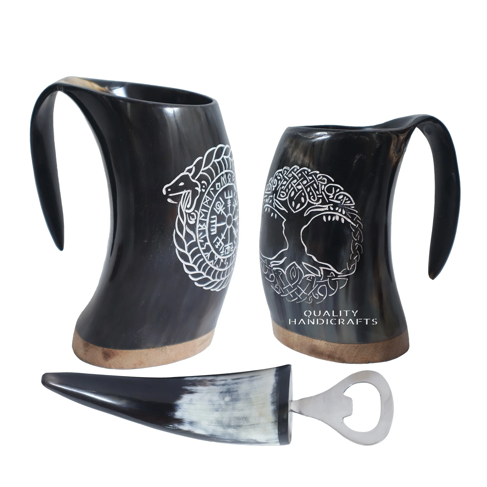 Viking  Real Horn Mug Set of 2 With Bottle Opener Polished 100% Authentic Genuine Ox Horn Mead cup Food Grade Christmas Gift