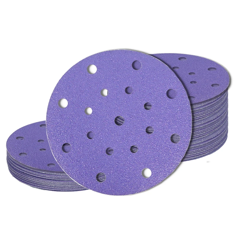 Hot sale hole number can be customized porous purple polyester film sandpaper discs for car sanding