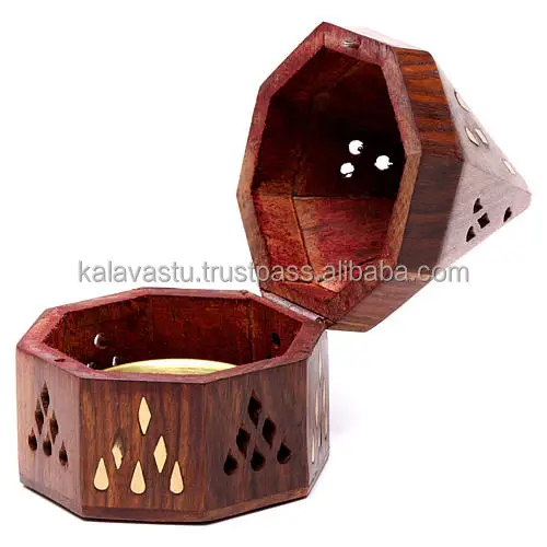 Eco Friendly Designer Decorative Brass inlay Wooden charcoal burner with brass bowl