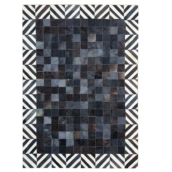 Modern Design Black and White Pure Genuine Cow Leather Hair on Handmade Patchwork Leather cowhide Area rug