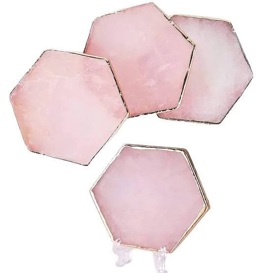 Best Selling Crysal Wholesale Natural Rose Quartz Hexagon coaster for Healing Meditation Metaphysical Homedecor Gemstone coaster