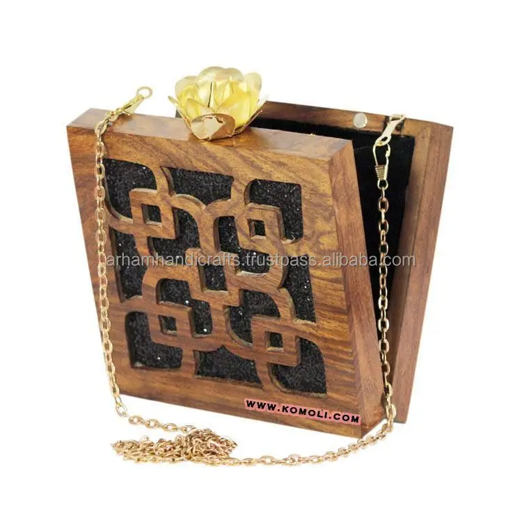 100% natural acacia Wooden Clutch Bag Handmade women and girls side purse with shoulder chain at low price by LUXURY CRAFTS