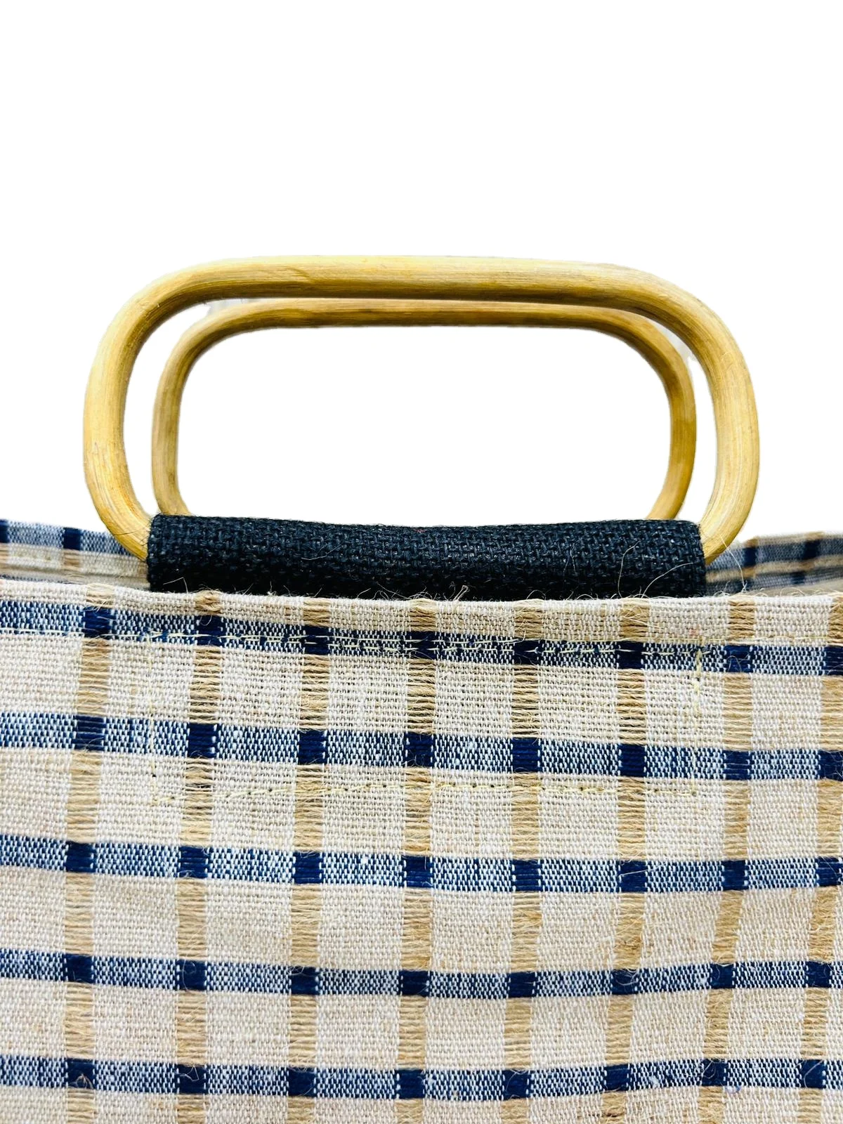 Premium Fashion Tote Bag Bamboo Handle Custom Stripe Design Zipper Canvas Burlap Travel Supermarket Shopping Gift Use Custom