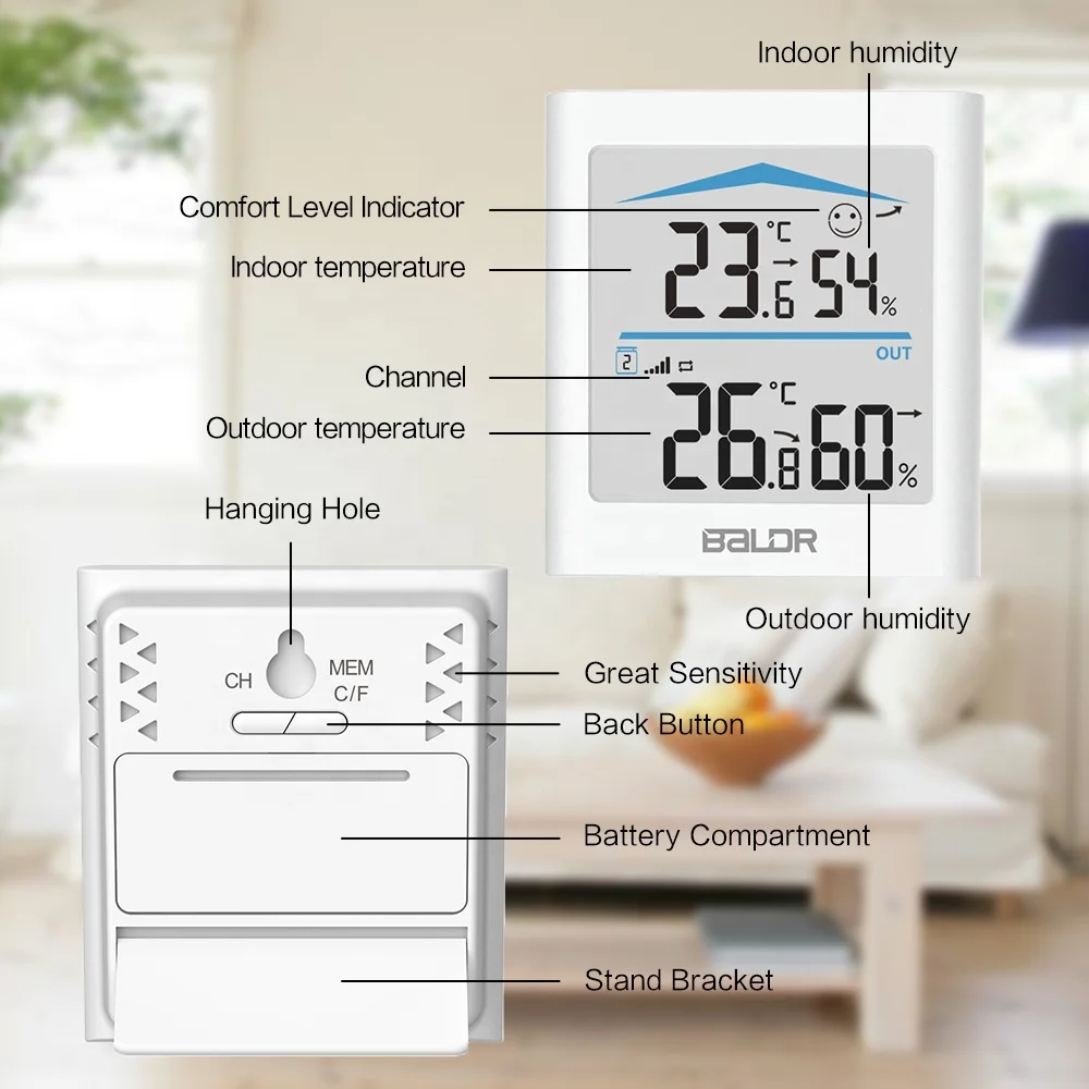 BALDR  B0135 Wireless Indoor Outdoor Digital Thermometer Hygrometer Temperature Humidity Meter With Backlight