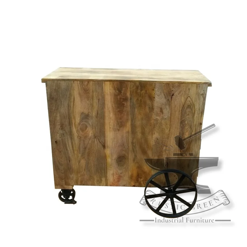 Industrial Wooden Bar Trolley Cabinet