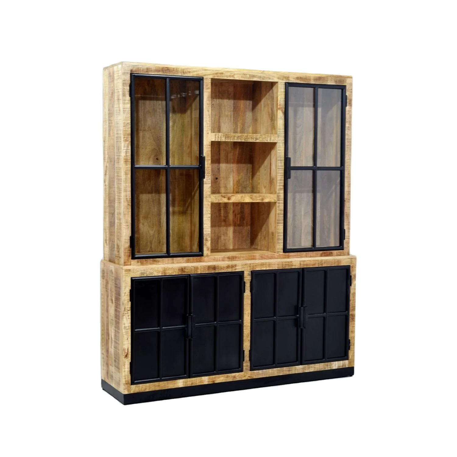 Modern Industrial Style Latest Tall Glass Door Iron Panel Double Buffet Hutch Storage Display Cabinet