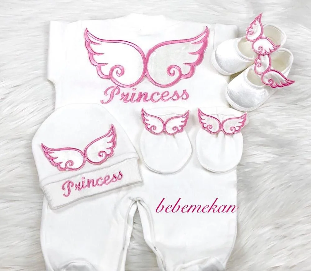 4 Pieces 100% Cotton Fabric Knitted Wholesale Embroidery Long Sleeve Bamboo Bubble High Quality Modern Newborn Angel Pink Set