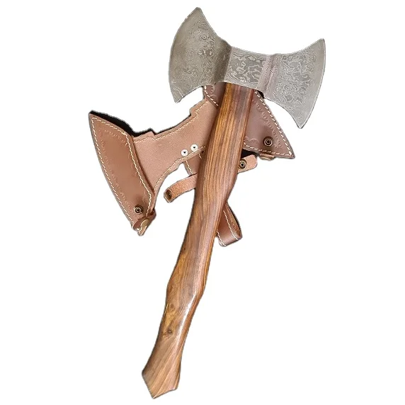 custom handmade Damascus steel double edge blade Axe with leather cover