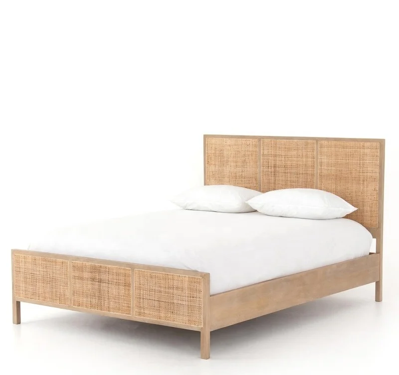 Vintage Industrial Rattan Cane King Size Bed Indian Jodhpur King Queen Size Bed Frame & Headboard Modern Rattan Cane Furniture