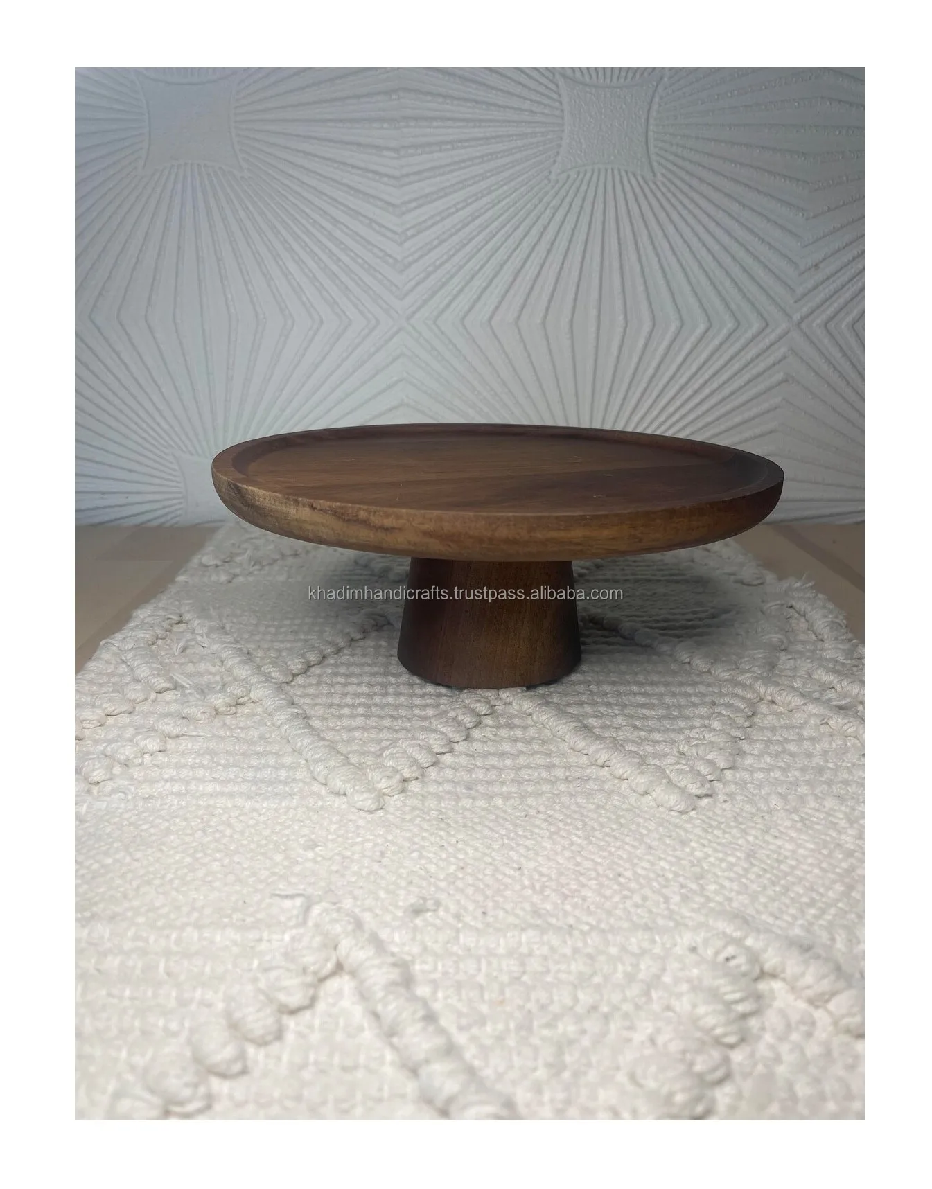 Acacia wood cake stand with bark inlay