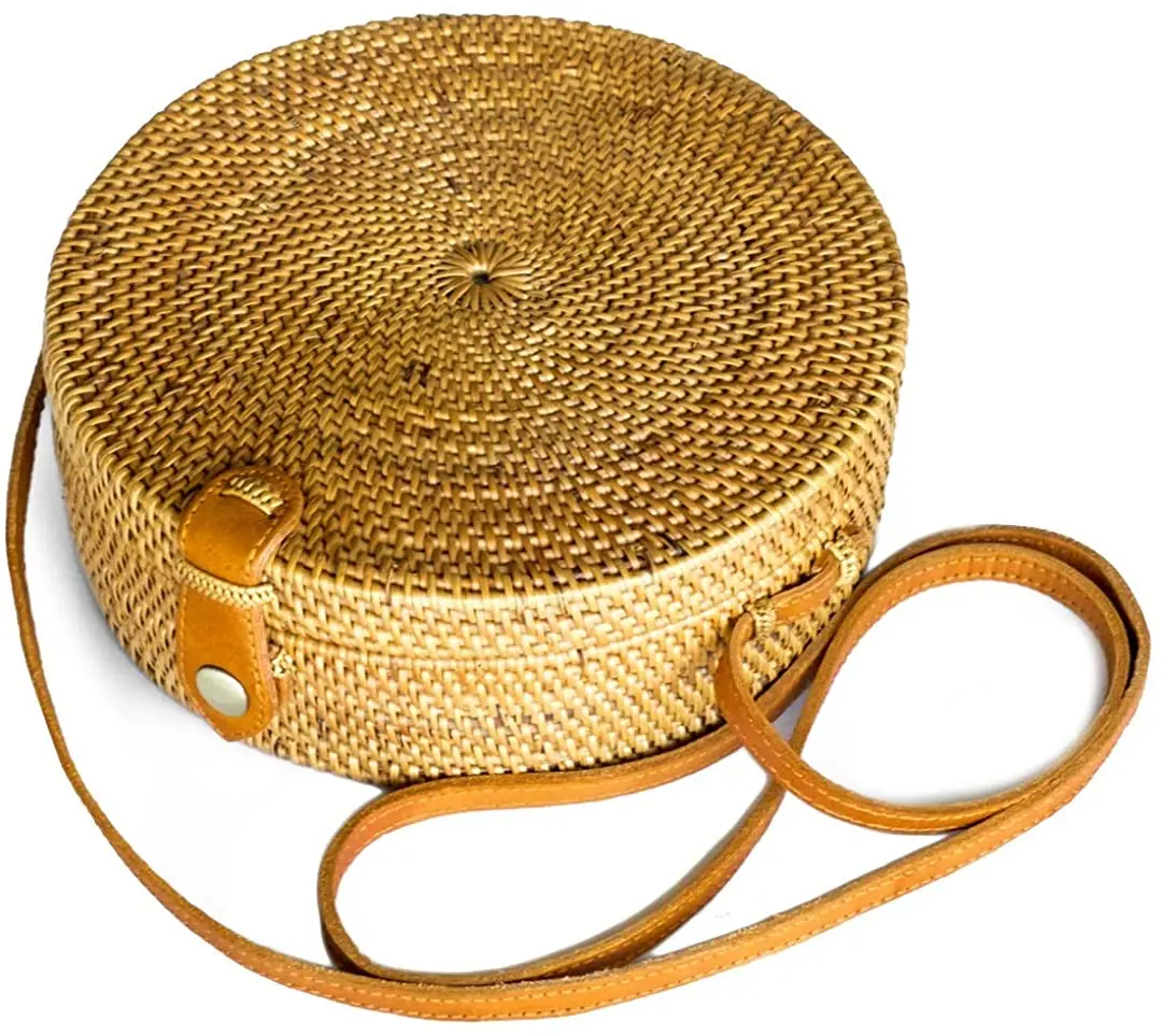 
Hot selling custom logo bali bags handbags rattan Hand made Willow Round Rattan Lady Bag with Leather Strap 2021 