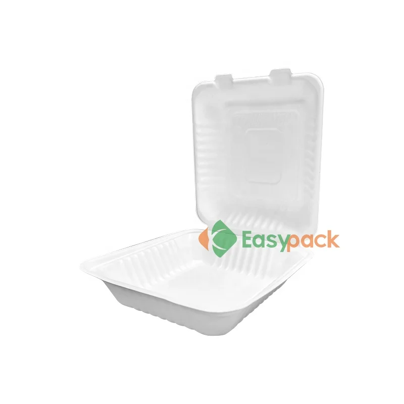 Disposable bleached food container bagasse lunch box biodegradable clamshell