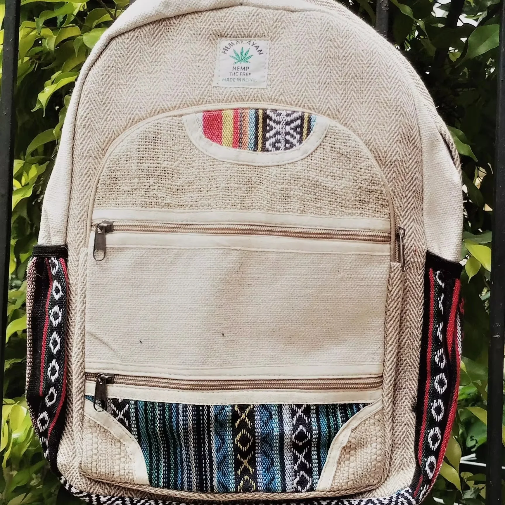 Nepal Made  Hemp Backpack with Cotton Lining String Closure and Detachable Handle Featuring Character Pattern