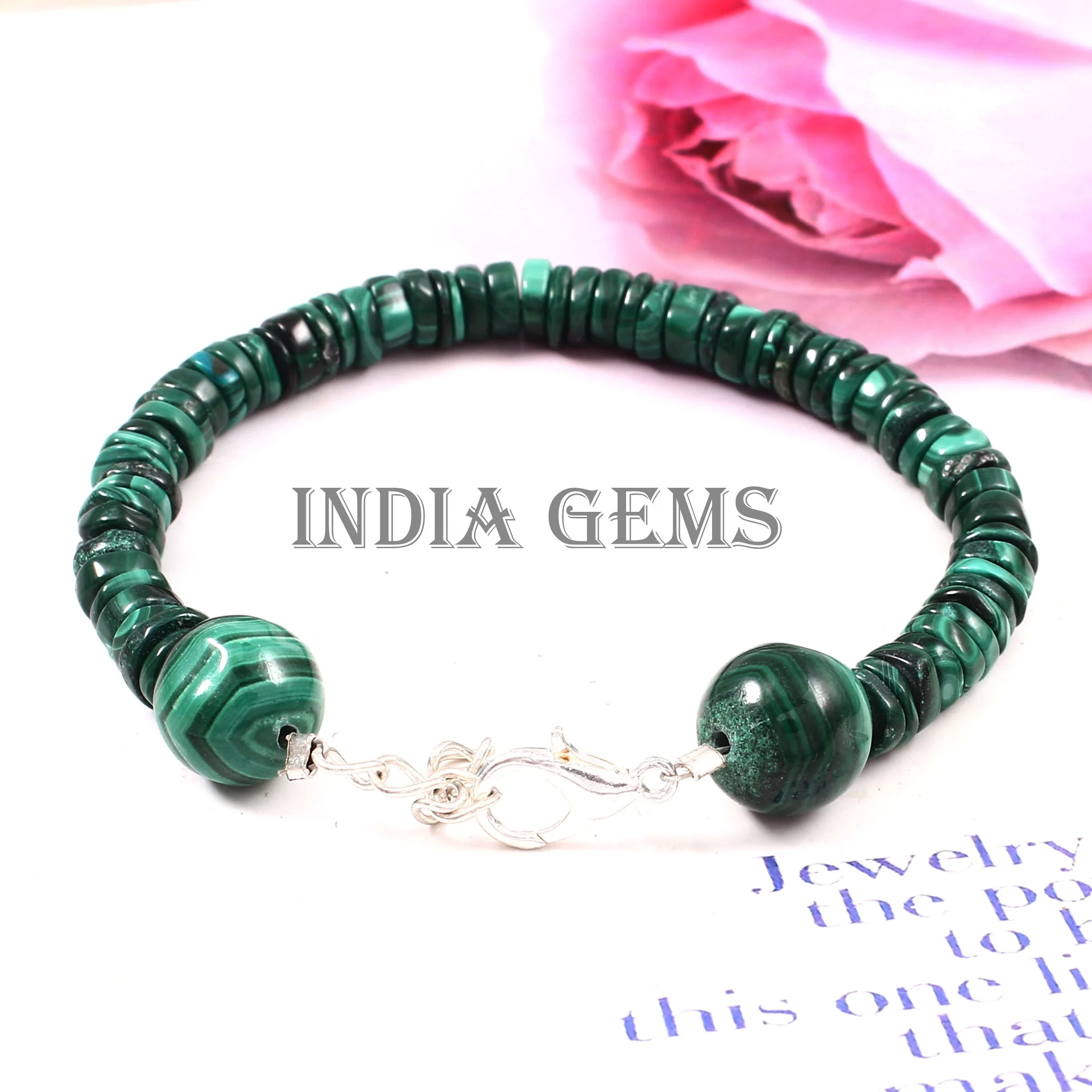 Natural Malachite Bracelet Beaded Gemstone Washer 925 Silver Jewelry Bracelet Malachite Healing Stone Adjustable Bracelets Gift