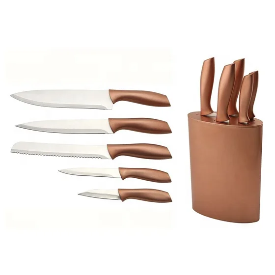 Yangjiang Factory, 5pc kitchen Chef bread slicer knife set stainless steel blade rose gold color handle in rose gold block