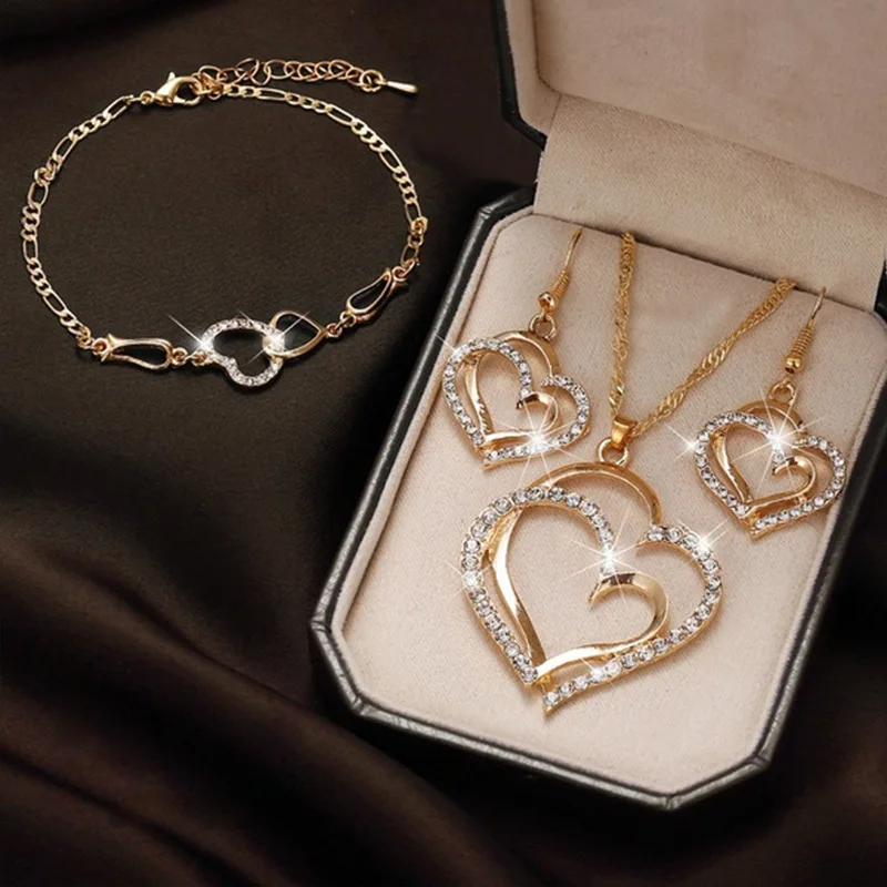 Wholesale gold plated Double Love Peach Heart necklace earrings Set luxury copper zircon Hollow Heart bracelet Jewelry set women