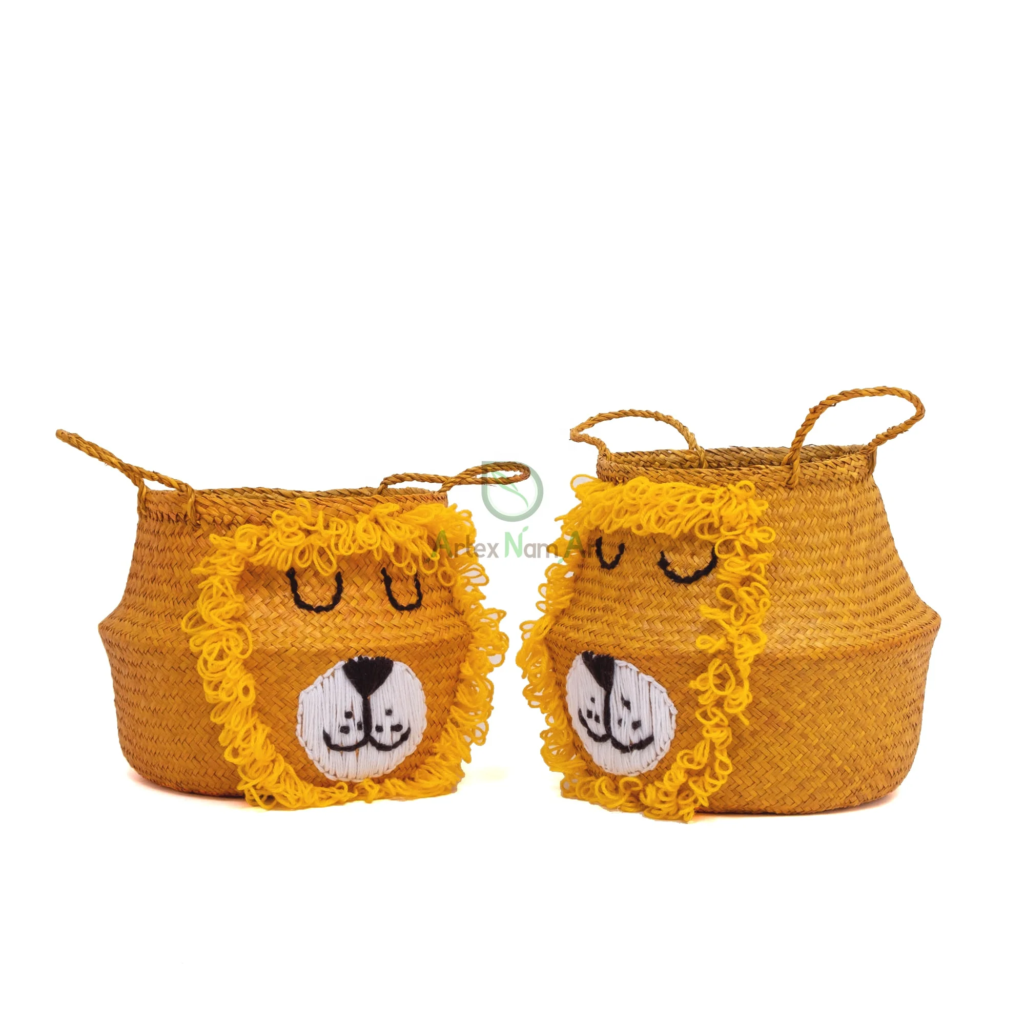 Lion-shaped seagrass belly basket/foldable collapsible straw kids laundry basket/wicker baby kids toys basket for baby kids room