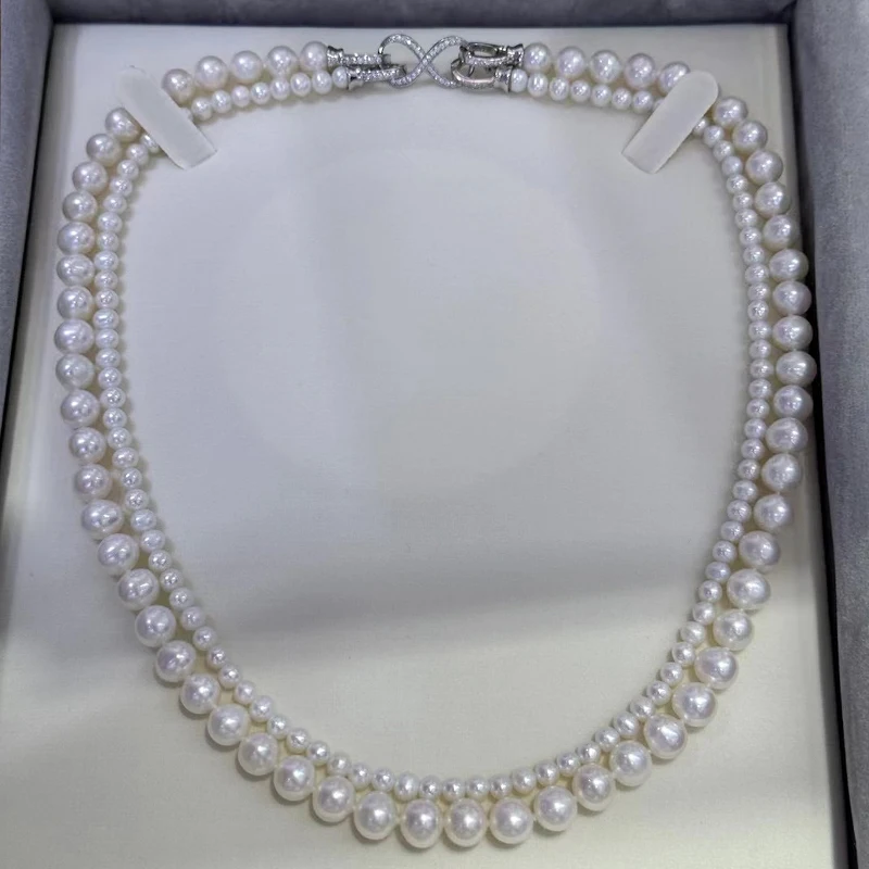 Real Natural Freshwater Double-layer Pearl (Nearly round) Necklace With 925 Silver 8-Shaped Clasp For Jewelry
