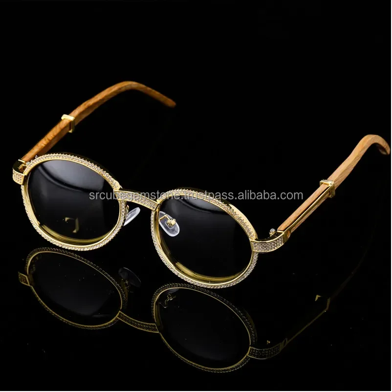 Vintage Round Moissanite Sunglasses Luxury Men Women Oval Crystal Wood Glasses Fashion Eyewear Hip Hop Jewelry