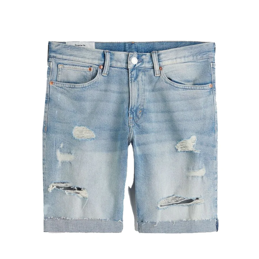 Most Stylish Men Blue Color Acid Washed Destroyed Denim Shorts For Sale With Button Fly And Side Pockets For Sale