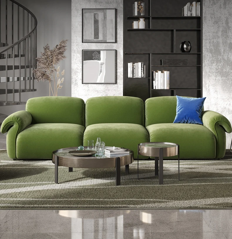 Italian Luxury Livingroom Sofa Emerald Dark Green Velvet Fabric Upholstered Modern Three Seater Sofa