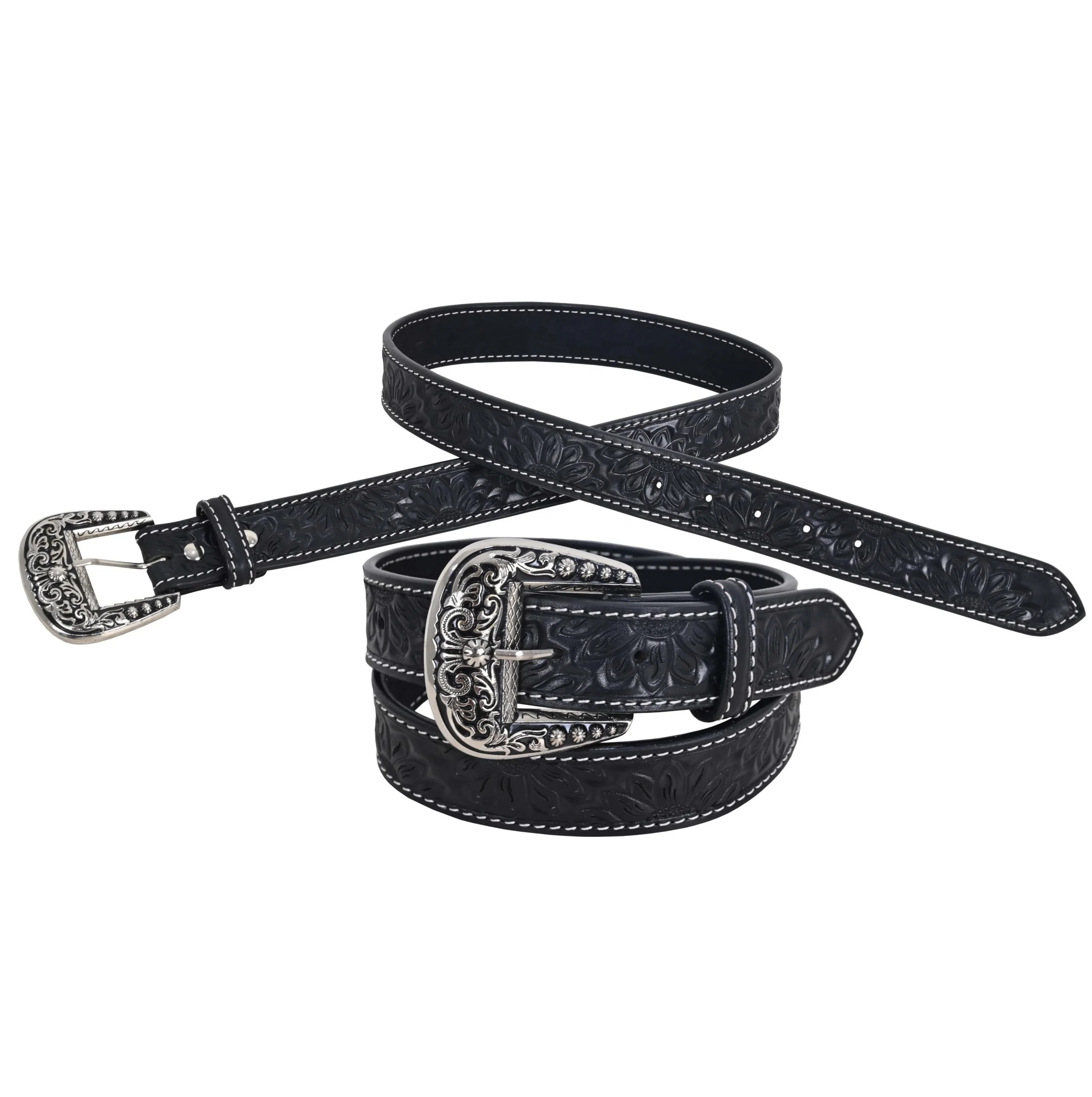 Black Leather Hand Tooled Belt Sunflower Design High Quality Leather Cowboy Western Style Belt Top Indian Wholesale Manufacturer