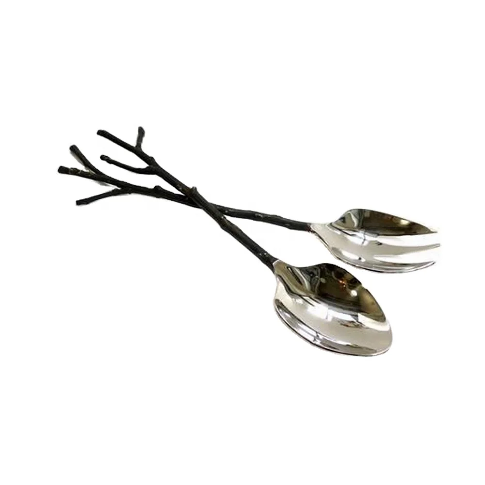 Stainless Steel silver  Salad Server With  Black Rustic Twig Handle design luxury high quality salad server