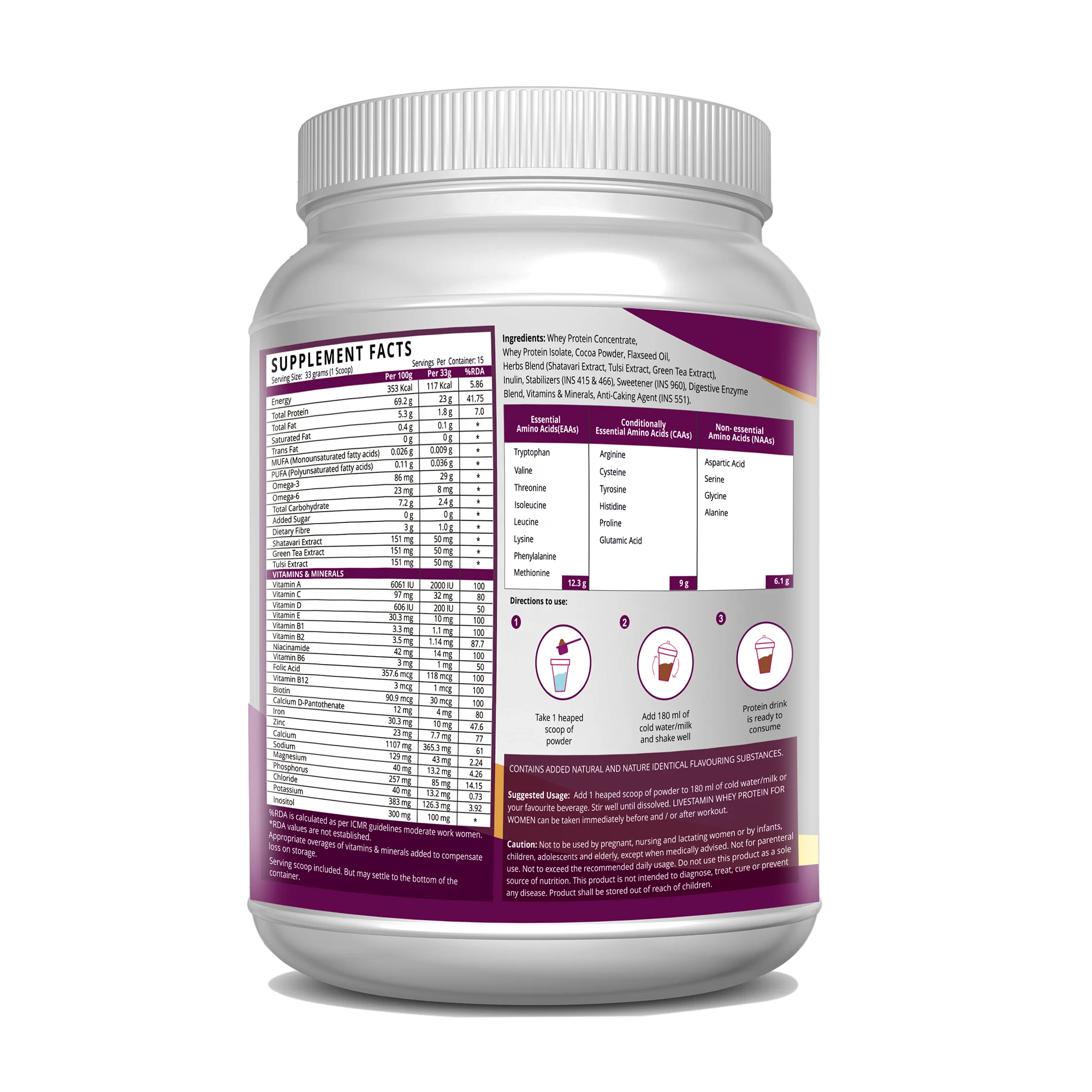 Whey Protein Powder for Women Gym Supplement Ayurvedic Herbs 21 Vitamins Minerals Omega 3 6 Digestive Enzymes 500g Chocolate GMP