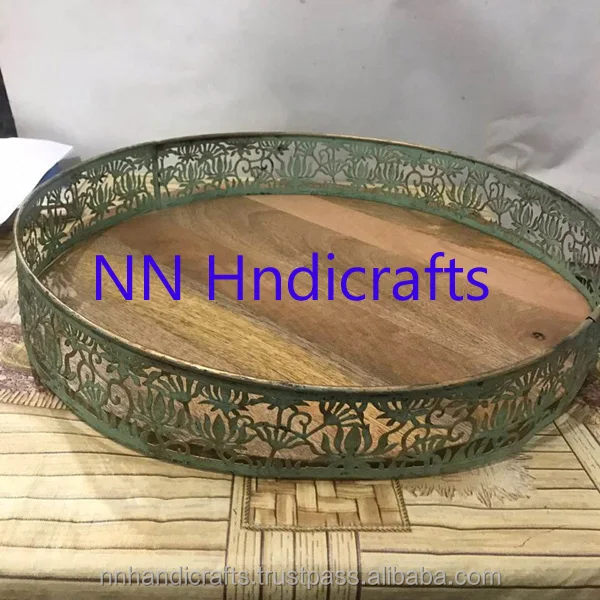 American Design Golden Round Metal Plane Flat Serving Tray For Breakfast Lunch Dinner Home Kitchen Table Hotel Restaurant Bar