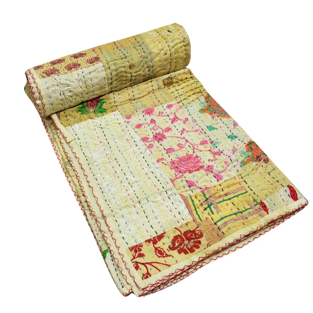 Indigo print design Silk Kantha Patch blanket handmade throw Silk filled reversible patchwork Silk Kantha Patch quilt Reversible