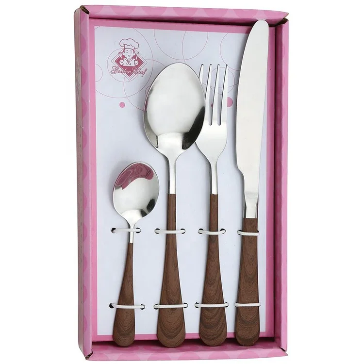 Stainless steel cutlery set of 24, vintage fork knife spoon and tea spoon tableware with wooden color coating handle for gift